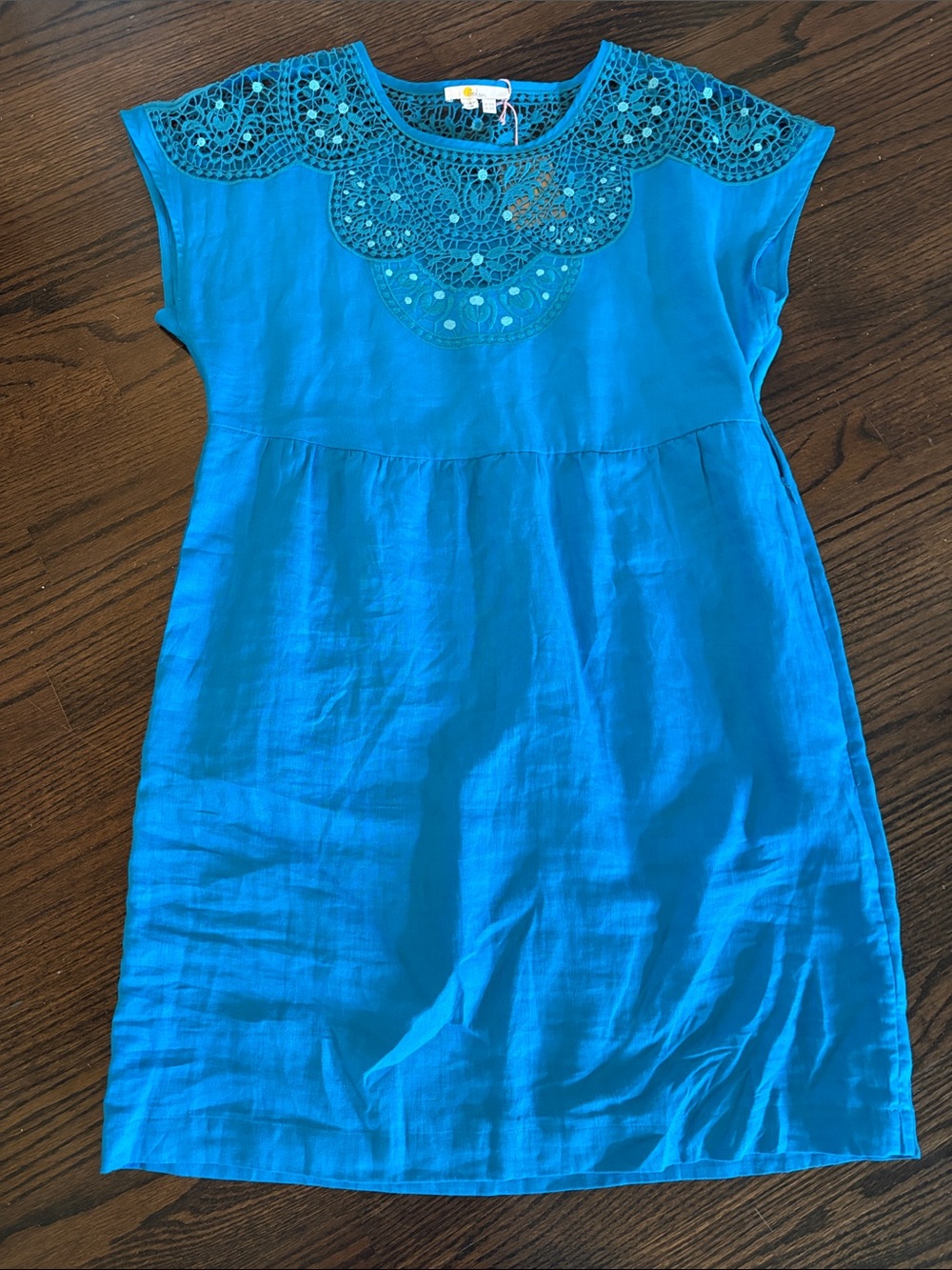 Boden Turquoise Linen Lace-Yoke Mini Dress